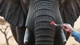 A human hand gently feeds a small piece of the same fruit into the fruit 8