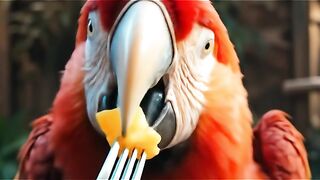 A human hand gently feeds a small piece of the same fruit into the fruit 12