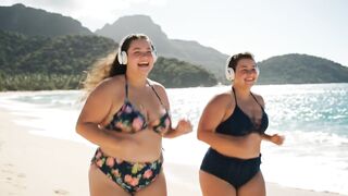 Two girls are running beside of beautiful ocean.
