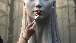 A human hand gently feeds a small piece of the  fruit