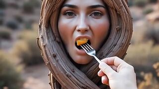 A human hand gently feeds a small piece of the  fruit 3