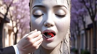 A human hand gently feeds a small piece of the  fruit 6