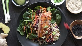 Grilled Salmon on a Spinach Salad with Quinoa