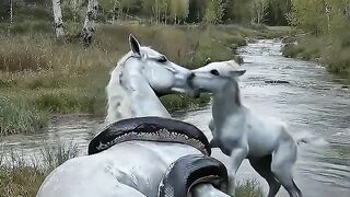 Smart White Foal Calls Fisherman to Save Mother Horse from Giant Anaconda