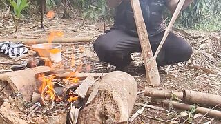Splitting firewood to light the stove in nature