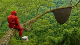 UNBELIEVABLE! Brave Mans Most Dangerous Climb on Giant Tree for Wild Honey
