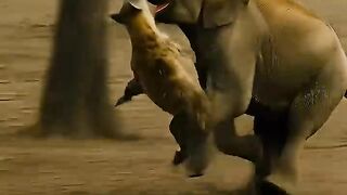 A hyena biting a baby elephants trunk