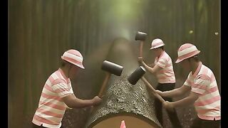In this dramatic forest scene, workers strike a massive tree trunk with rhythmic hammering.