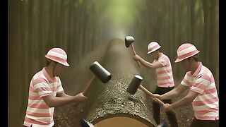 In this dramatic forest scene, workers strike a massive tree trunk with rhythmic hammering.