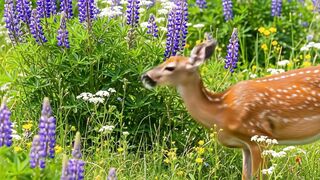 A young deer with white spots grazes peacefully in a meadow filled.