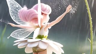 A fairy and a rabbit play under the rain