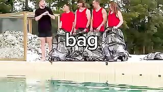 People hanging over water with money bags)