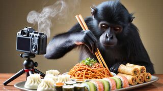 Monkey eating noodles