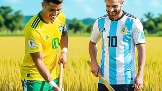 Cristiano Ronaldo wearing a Brazil football jersey and Lionel Messi wearing an Argentina football jersey