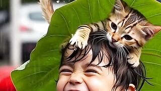 with a smiling cat perched on their head.