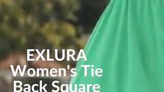 EXLURA Women's Tie Back Square Neck Short Puff Sleeve Summer Dress A Line Sundress Short Mini Dress