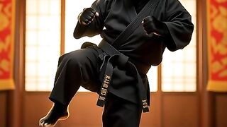 sleek black bear in a traditional black karate gi, performing a high kick under soft,