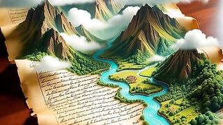 shimmering turquoise rivers, lush emerald forests, and towering, mist-crowned mountains, diorama effect.