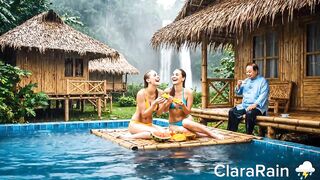 ASMR Rainy Village Pool  Two Beautiful Girls Relaxing in the Rain