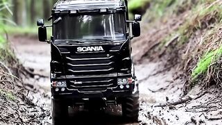 Black Beast! Scale RC Scania Truck Powers Through Deep Forest Mud
