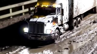 Light the Way! Detailed RC Semi-Trailer Pushes Through the Mud at Night