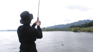 Fish striking in a beautiful lake