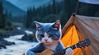 Cat play with guitar
