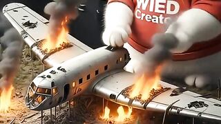 Funny Cat Making a Diorama of a Burning Airplane Wreck