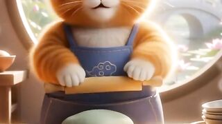 Orange cat making bread