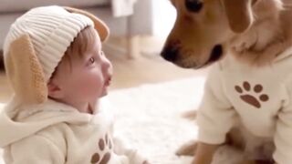 The friendship of a baby and a dog