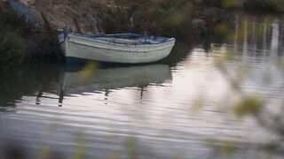A small ship is docked in the river
