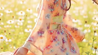 Abeautiful concept art of a foxeared girl in an elaborate Japanese style outfit with summer flowers