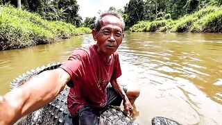 Brave Grandpa Crosses the River Riding a Crocodile!