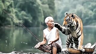 Grandpa, His Tiger and Crocodile Grill the Fish They Caught