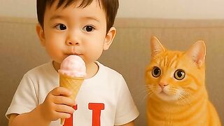 Cute Baby  Funny Cat Share Ice Cream Moments