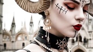 She walks through ancient ruins
