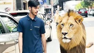A boy walking witth Lion