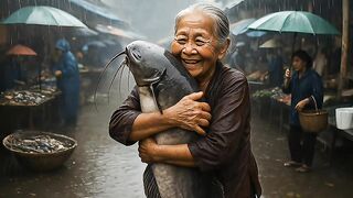 Nenek sedang memeluk ikan lele raksasa