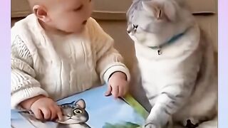 Funny Baby and Cat