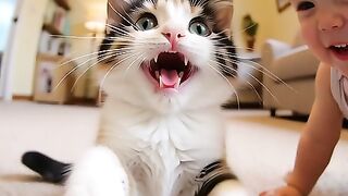 Baby play with kitten