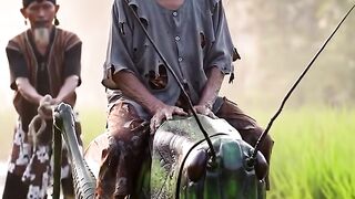 An old grandmother riding on the back of a giant monster grasshopper