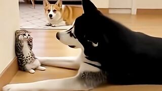 The dog is scared of the mother cat