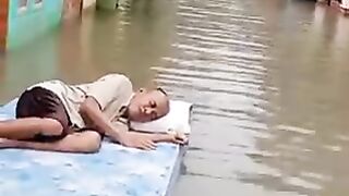 Grandfathers sleep on floating mattresses