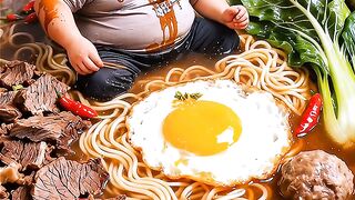 Fat man mukbang beef noodles
