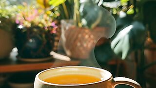 cup of green tea on table plants