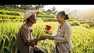 Romantic Moment in the Rice Field  Grandpa Gives a Rose to Grandma