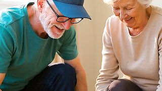 elderly man and woman tying their walking