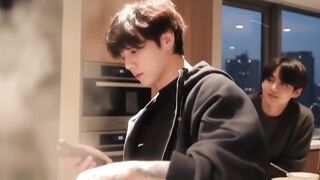 Jungkook is cooking. But why is Taehyung secretly peeking?!