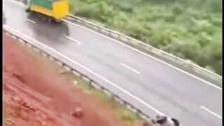 The elephant fell from the hill and hit the car, causing it to bounce off.