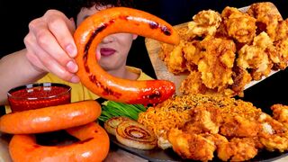 ASMR 노릇노릇하게 튀긴 대창튀김과 킬바사소세지 구운양파 매운소스 찍어 먹방~!